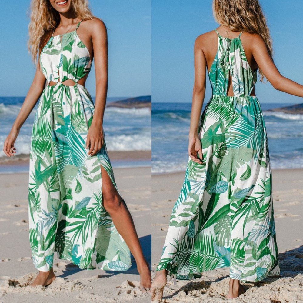 Cupshe Green Tropical Leaf Cutout Halter Maxi Swim Coverup